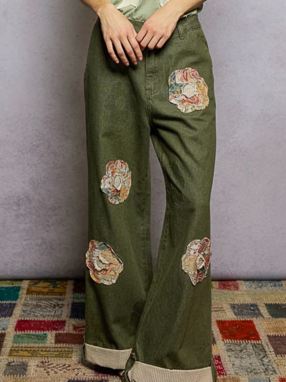 POL Olive Green Wide-Leg Jeans with Floral Patches